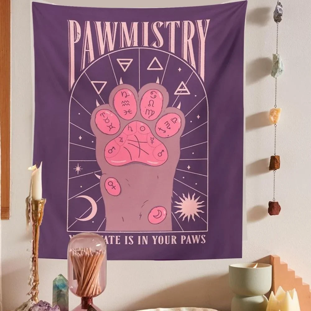 Pawmistry Tapestry Funny Cute Cat Tarot Palmistry Witchy Wall Decor Pink Purple
